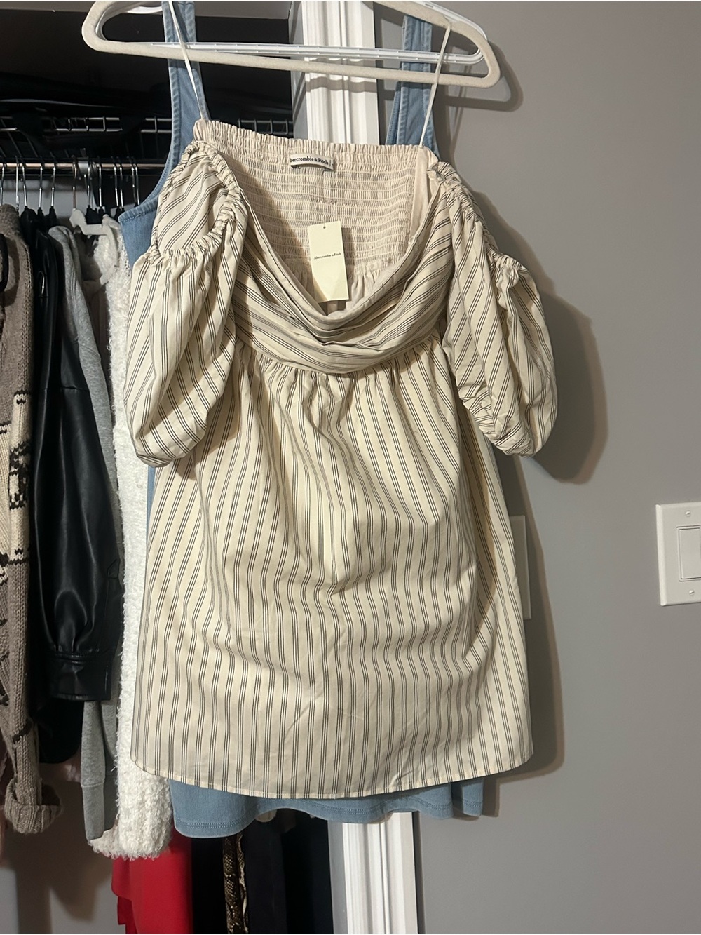 Abercrombie & Fitch Cream Striped Off-Shoulder Mini Dress
